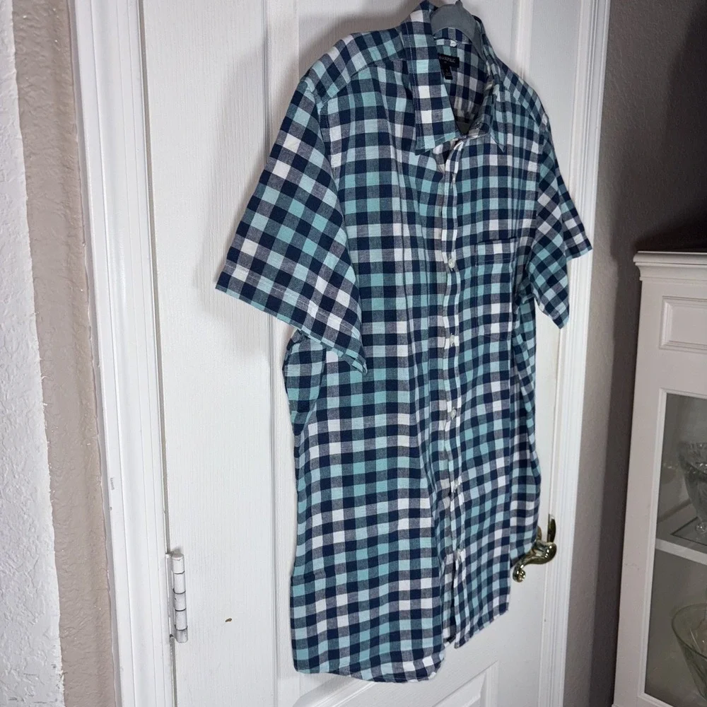 Banana Republic Plaid Shirt Short Sleeve Button Up Green Blue Mens‎ Large (M)
